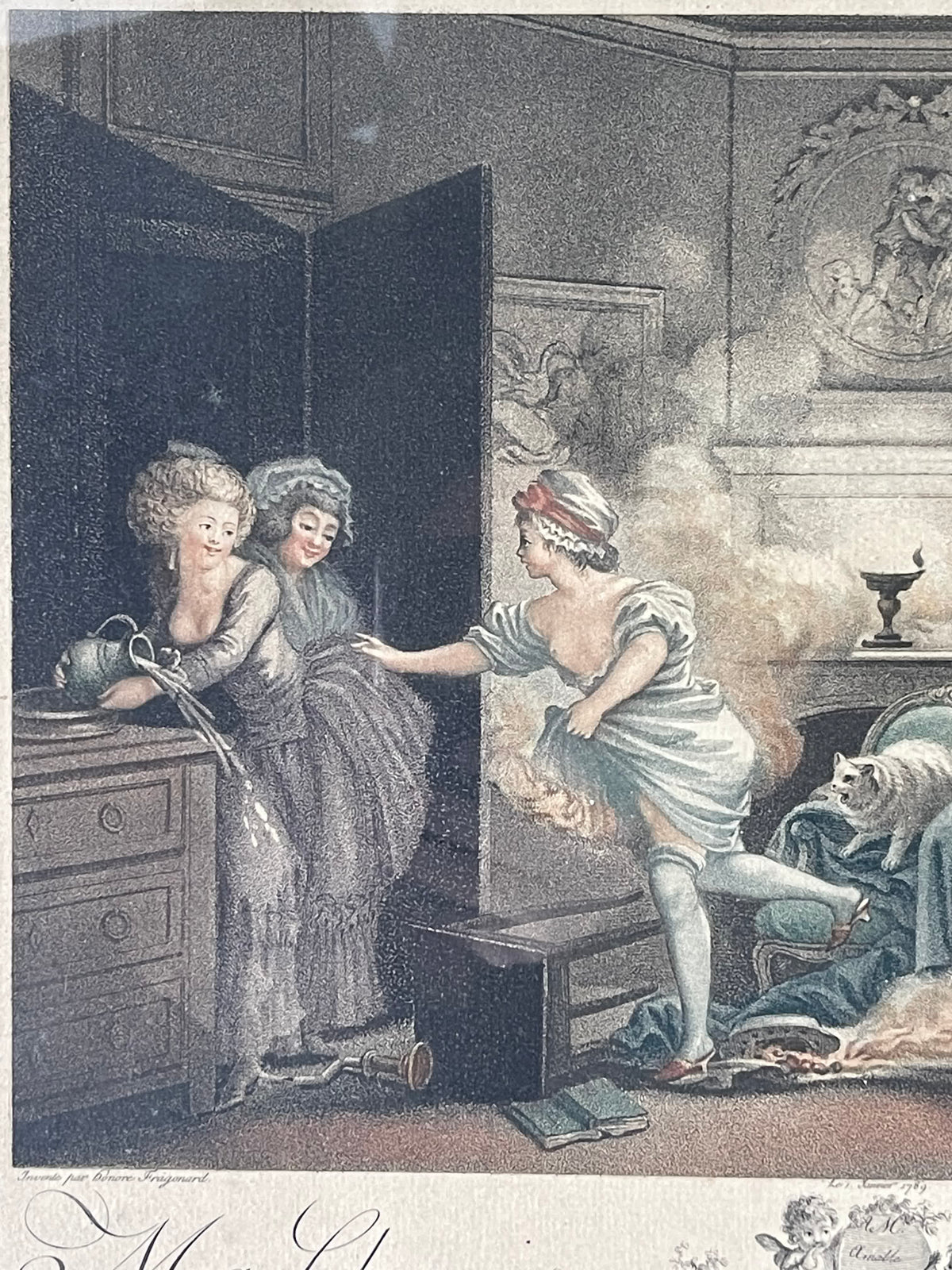 Ma Chemise Brûle ! — Rareté libertine de 1789 : gravure originale en couleurs d’Augustin Le Grand d’après Fragonard