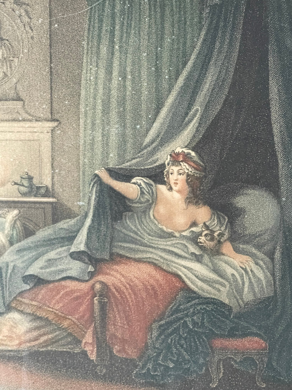 Ma Chemise Brûle ! — Rareté libertine de 1789 : gravure originale en couleurs d’Augustin Le Grand d’après Fragonard