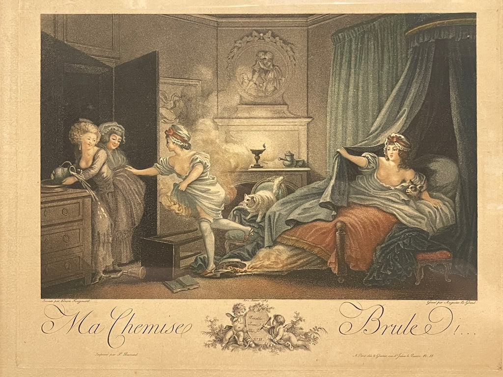 Ma Chemise Brûle ! — Rareté libertine de 1789 : gravure originale en couleurs d’Augustin Le Grand d’après Fragonard