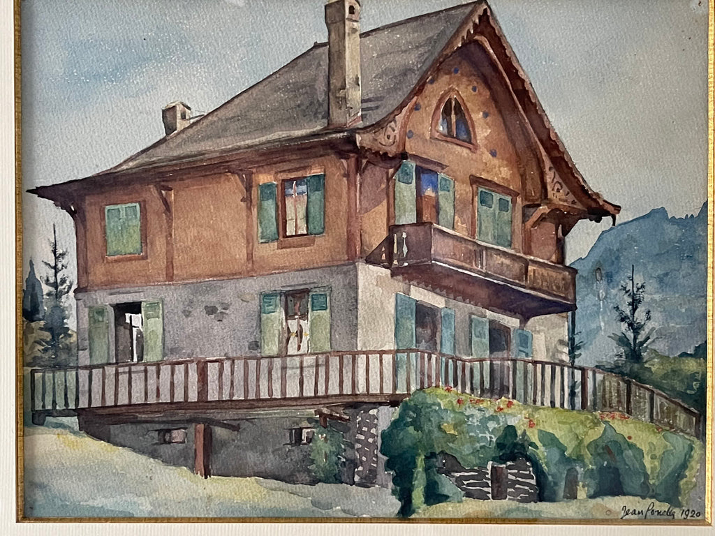 Jean Ponelle (XXᵉ) – Chalet d'architecture régionaliste en montagne – Aquarelle signée et datée 1920