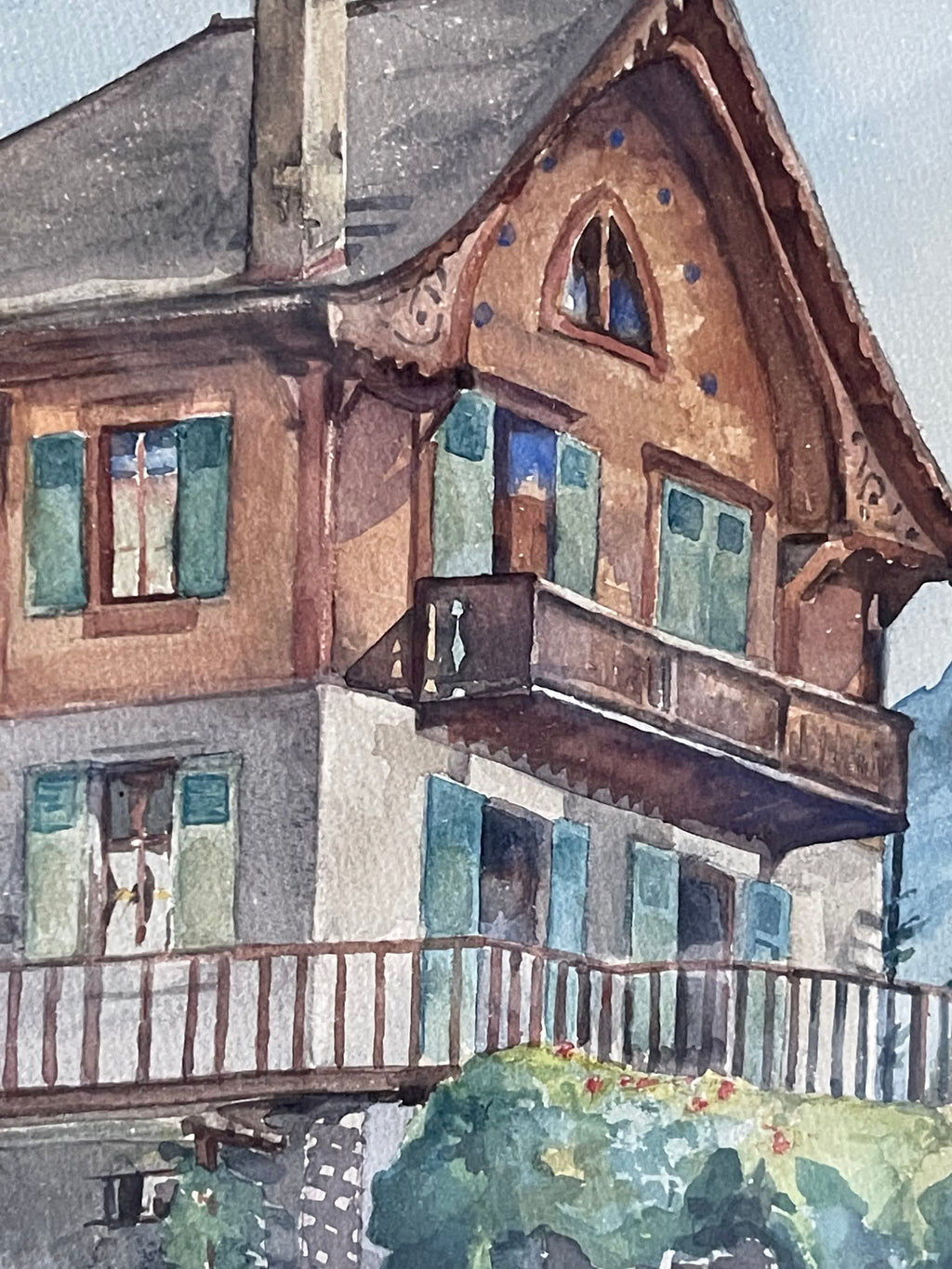 Jean Ponelle (XXᵉ) – Chalet d'architecture régionaliste en montagne – Aquarelle signée et datée 1920
