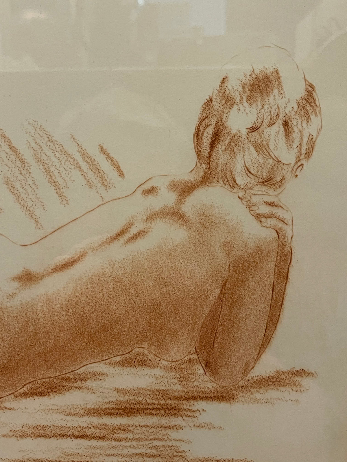Frédéric LEFORT (XXᵉ) - Nu féminin couché de dos, gravure à la manière de sanguine (Tirage 4/250)