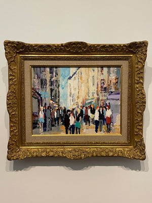 Urbain HUCHET (1930–2014) — La rue de la Huchette, Paris, huile sur toile dans un cadre Montparnasse
