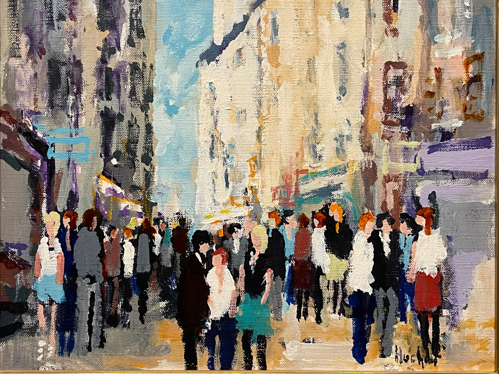 Urbain HUCHET (1930–2014) — La rue de la Huchette, Paris, huile sur toile dans un cadre Montparnasse