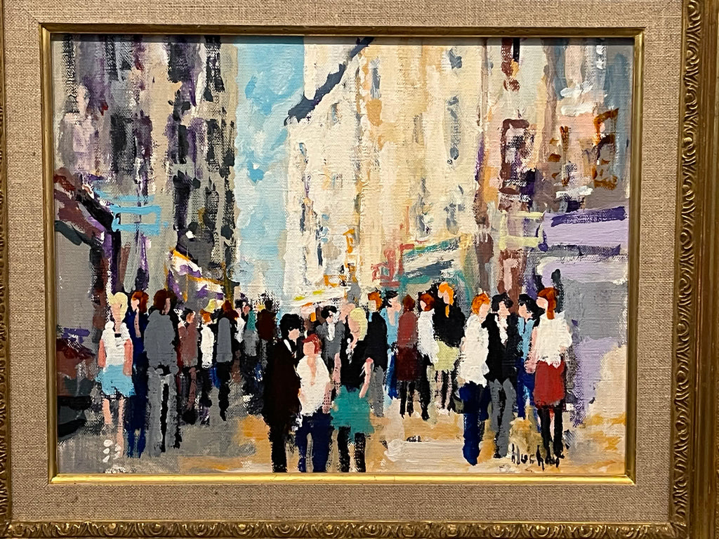 Urbain HUCHET (1930–2014) — La rue de la Huchette, Paris, huile sur toile dans un cadre Montparnasse