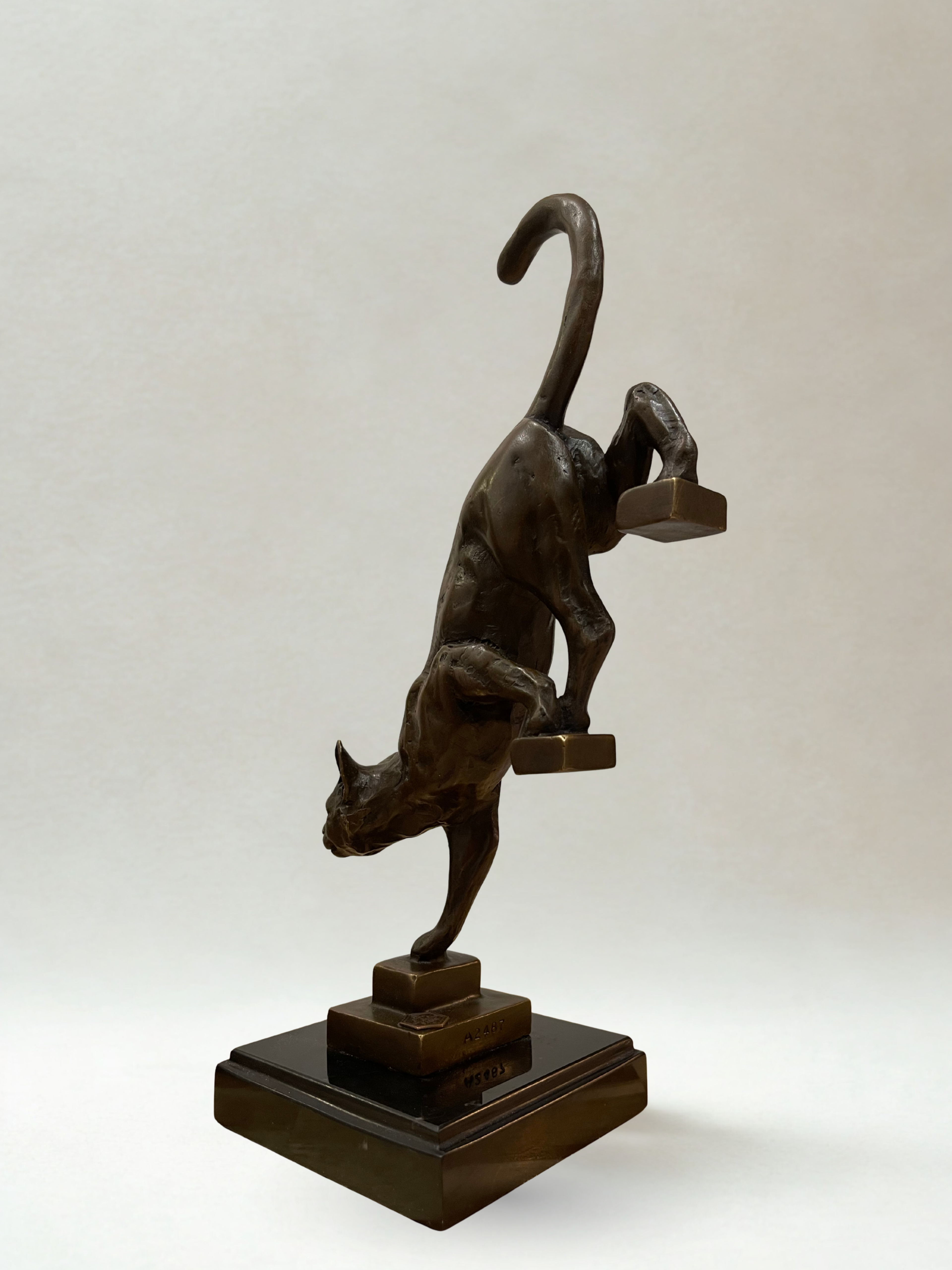 Bronze d’après De Coux – Chat descendant un escalier – Sculpture animalière XXᵉ - 29 cm