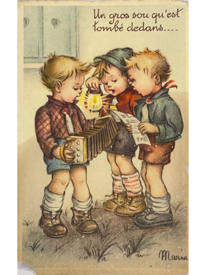 Carte postale illustrée M. Louva – Trois enfants musiciens