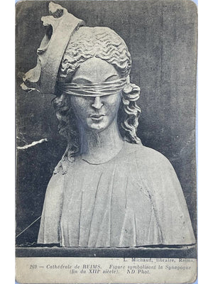 Reims – Cathédrale, figure de la Synagogue, sculpture du XIIIe siècle – CPA n°269