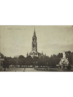 Nîmes – L'Esplanade, église Sainte-Perpétue et fontaine Pradier – CPA LL n° 6