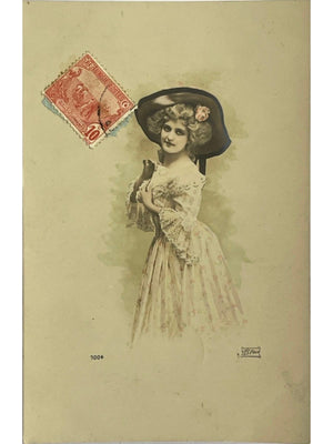 Art Nouveau postcard – elegant woman with a large hat – signature Lilas (?) – no. 7004