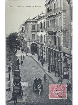 Tunis – Avenue de France, rue animée et attelage – CPA n°124