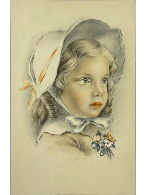 Carte postale italienne ancienne – Fillette au bonnet et fleurs – Illustration vintage