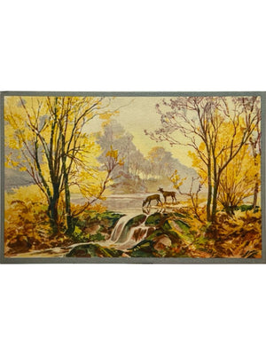 Carte postale – Deux cerfs en forêt au bord d’une cascade – Éditions Superluxe