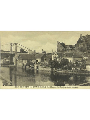 Beaumont-sur-Sarthe – Pont suspendu, moulin et vieux château – CPA n° 5550