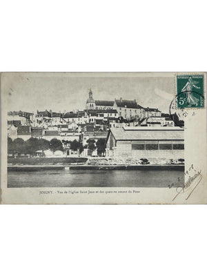 Joigny (Yonne) – Église Saint-Jean et quais en amont du pont – CPA 1902