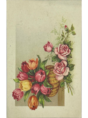CPA fantaisie – Panier de roses et tulipes – Fleurs