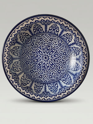 Grand plat marocain en faïence de Fès bleu et blanc – 35 cm