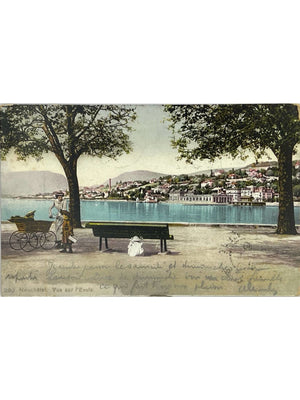 Neuchâtel – Vue sur l'Évole et le lac, promenade animée – CPA colorisée n° 292