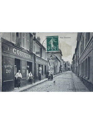 Sannois – Rue Damiette, coiffeur et scène de rue – CPA 1908
