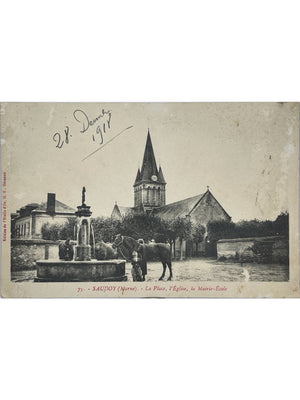 Saudoy (Marne) – Place animée, église et mairie-école – CPA n° 75