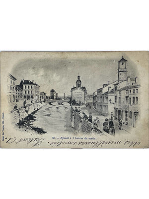 Épinal à 5 heures du matin – Scène animée au bord de l'eau – CPA n° 48, 1903