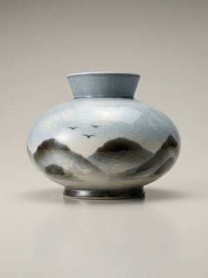 Vase boule Virebent en porcelaine – Paysage aux oiseaux – 17 cm