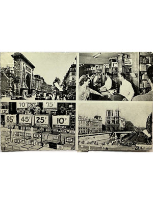 Carte postale – Paris – Carte publicitaire Gibert Jeune, Porte Saint-Denis et Notre-Dame – Années 1950