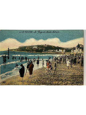 Le Havre – La plage et Sainte-Adresse, baigneurs et foule – CPA colorisée
