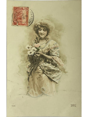 CPA Woman in floral dress – no. 7032 – presumed signature "Lilas"