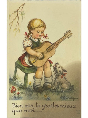 Carte postale – Mariapia – Enfant à la guitare et chien – Carte humoristique vintage n° 3225