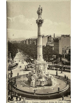 Marseille – Fontaine Cantini et avenue du Prado avec tramways – CPA n°318 L.L.