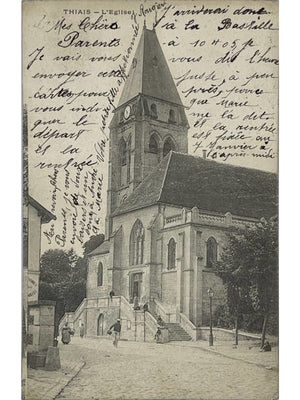 CPA Thiais – L'Église Saint-Leu-Saint-Gilles, vue animée, vers 1905