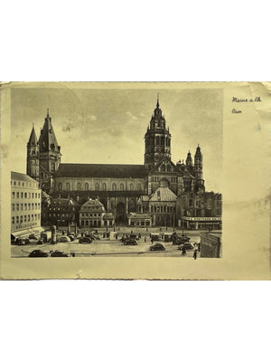Carte postale – Mayence (Mainz) – Cathédrale Saint-Martin et place animée – 1953