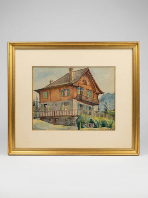 Jean Ponelle (XXᵉ) – Chalet d'architecture régionaliste en montagne – Aquarelle signée et datée 1920