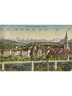 Berne – Kornhausbrücke et Alpes bernoises – CPA colorisée, 1919