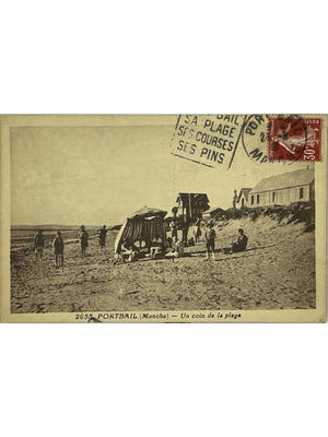Portbail (Manche) – Plage animée, baigneurs et cabine – CPA n° 2655