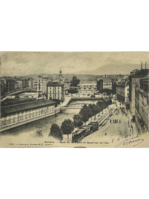 Genève – Quai de la Poste et quartier de l'Île avec tramway – CPA 1904