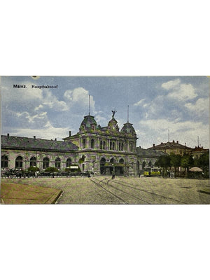 Mainz – Hauptbahnhof, gare centrale et tramway – CPA colorisée vers 1919-1929