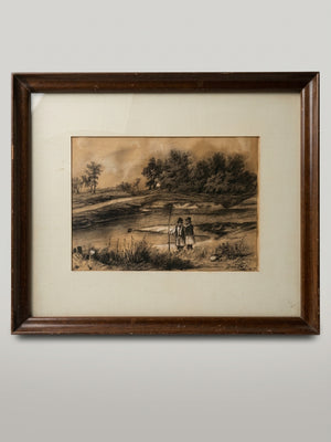 École germanique, XIXe siècle — Pêcheurs au bord d'un étang, fusain et craie blanche, daté 1877