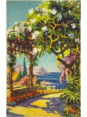 Carte postale illustrée fleurs et jardin en bord de mer – Anniversaire 1953