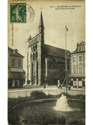 Bagnères-de-Bigorre – Église Saint-Vincent et fontaine – CPA n° 534, 1910