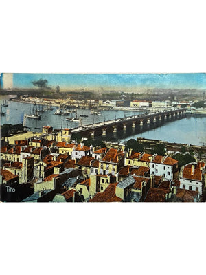 Bordeaux – Vue générale depuis la tour Saint-Michel, pont de pierre et port – CPA colorisée