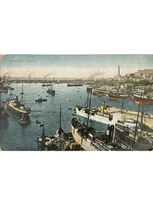 Gênes – Le port et les navires – CPA colorisée de 1909