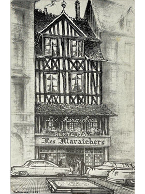Carte postale – Rouen – Restaurant Les Maraîchers, place du Vieux-Marché – carte publicitaire illustrée