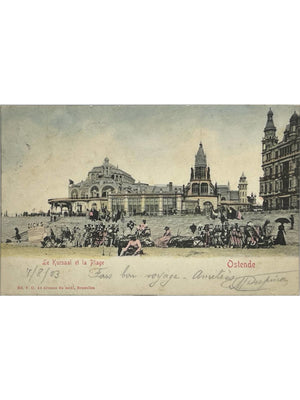 Ostende – Le Kursaal et la plage animée – CPA colorisée 1903