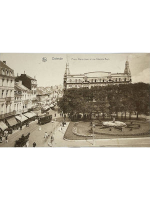 Ostende – Place Marie-José et rue Adolphe Buyl avec tramway – CPA 1928