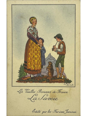 Carte postale – La Savoie – Farines Jammet – Carte publicitaire illustrée par Jean Droit