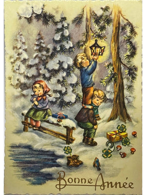 Carte postale – Carte Bonne Année – Trois enfants dans la neige – E.S.P. Paris, années 1960