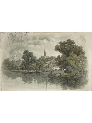 CPA illustrée – Paysage fluvial avec village et clocher – A. & W. B. n° 991
