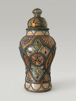 Grande potiche marocaine en céramique et métal – 38 cm
